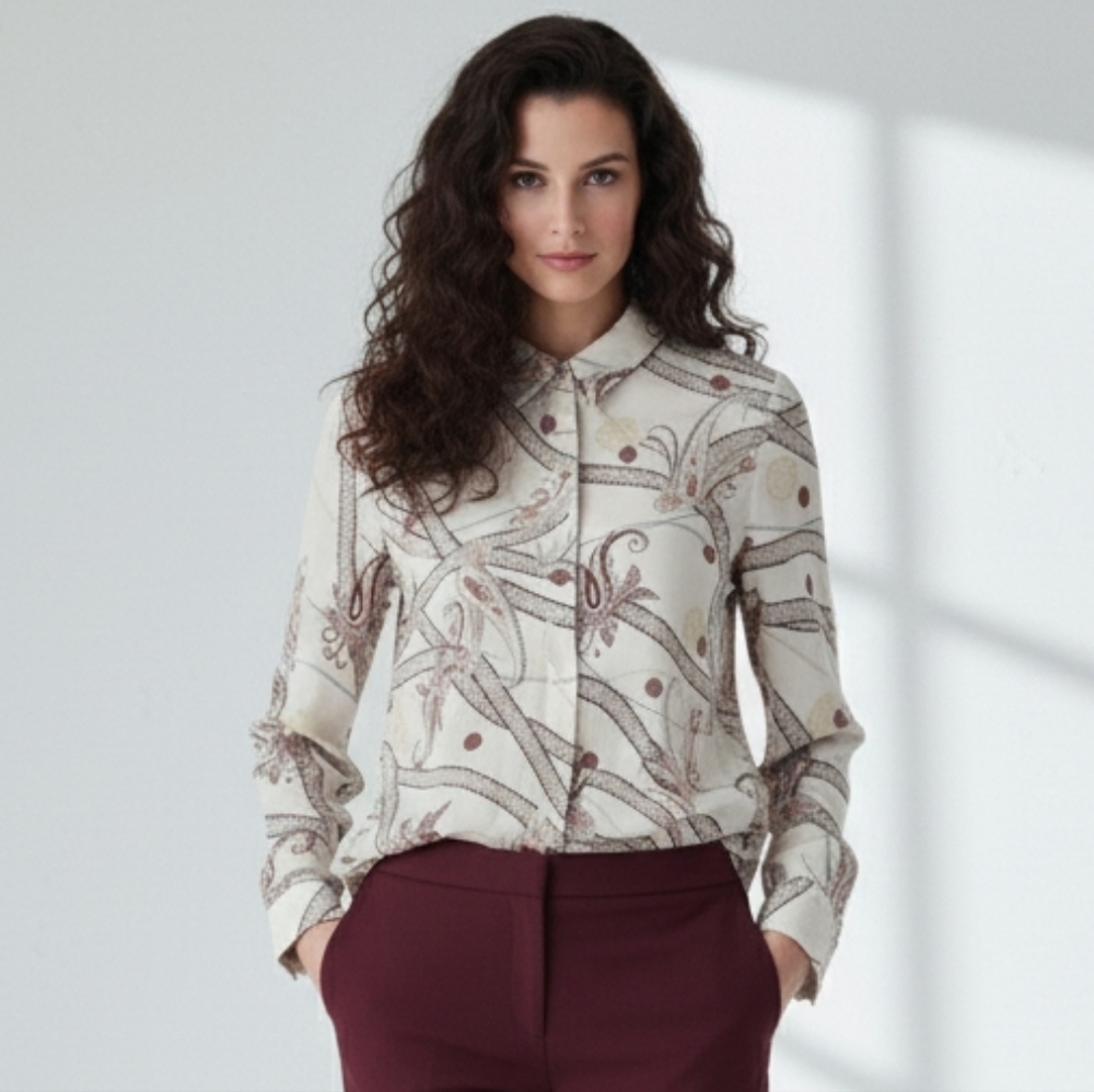 H&M Paisley Oversized Button Blouse Ivory Sz 2